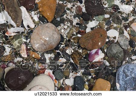 Stock Image - Coloured stones and pebbles along the shoreline in Costa Rica. Fotosearch