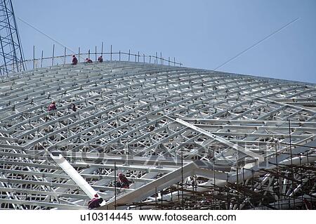 Stock Photography - Construction of the steel structure of the National Stadium, San Jose, Costa Rica. Fotosearch