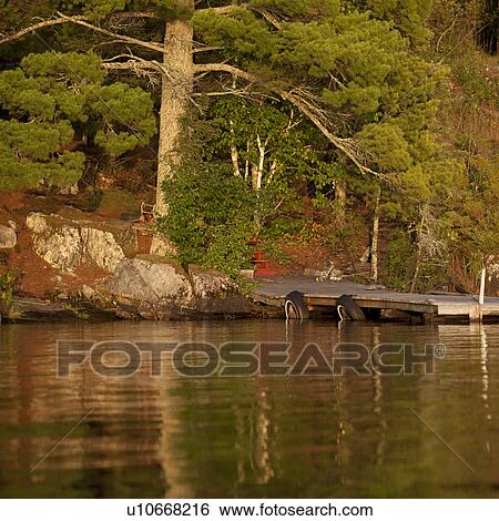 Stock Photograph - Floating dock at shoreline in Lake of the Woods, Ontario. Fotosearch