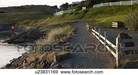 Stock Photo - Footpath through fenced farmland, next to rocky shore. Fotosearch