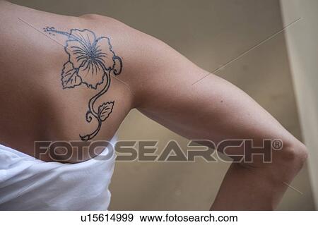 Stock Photo - hibiscus flower tattoo on the shoulder of a young woman in a white undershirt. Fotosearch