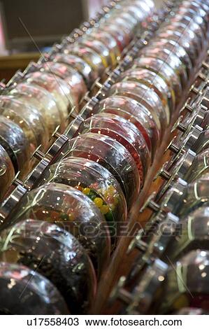 Stock Image - Jars of candy in downtown historic district in Branson, Missouri. Fotosearch