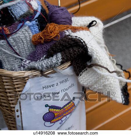 Stock Photo - Knitting basket on bench. Fotosearch