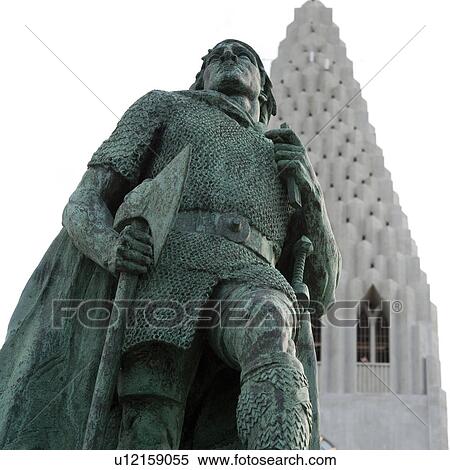 Stock Photography - Metal statue Leifur Ericksson before Hallgrimskirkja church. Fotosearch
