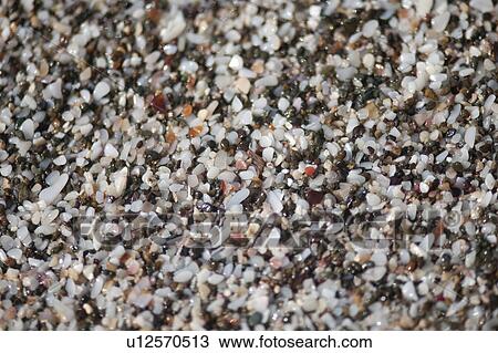 Stock Image - Multicoloured wet quartz pebbles rounded by wave action on the beach. Fotosearch