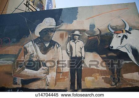 Mural of 2 cattlemen and a brown cow and a white cow View Large Photo Image Stock Photography - Mural of 2 cattlemen and a brown cow and a white cow. Fotosearch