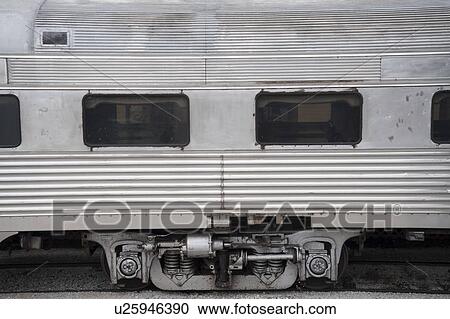 Stock Image - Old railroad cars in the historic railroad station in Branson, Missouri. Fotosearch