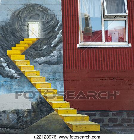 Stock Photograph - Painted trompe l'oeil staircase beside open window. Fotosearch