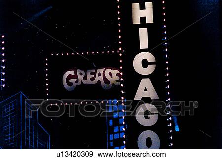 Stock Photo - Sign for Grease and Chicago in Branson, Missouri. Fotosearch
