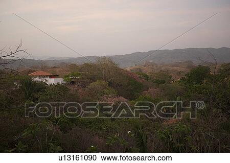 Sun fading over a white house with an orange roof in the rolling hills above the treetops of Costa Rica View Large Photo Image Stock Image - Sun fading over a white house with an orange roof in the rolling hills above the treetops of Costa Rica. Fotosearch
