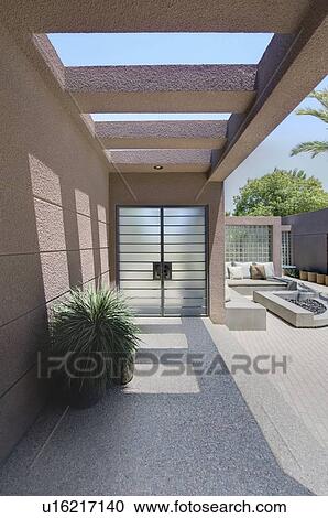 Stock Image - Front entrance with veranda of Californian home. Fotosearch