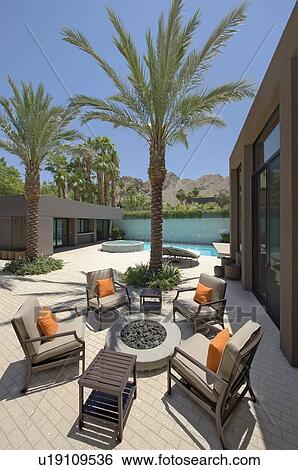 Seating with fire pit on terrace of Californian home View Large Photo Image Stock Photograph - Seating with fire pit on terrace of Californian home. Fotosearch