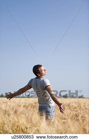 Stock Image - Man with arms stretched out in wheat field. Fotosearch