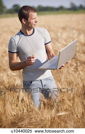 Stock Photography - Man with laptop holding wheat stalk in wheat field. Fotosearch