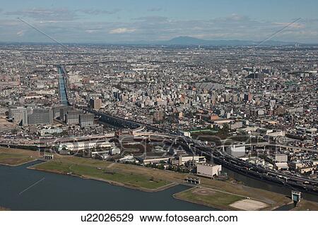 Aerial view of Adachi ward, Tokyo Prefecture, Honshu, Japan View Large Photo Image Stock Photo - Aerial view of Adachi ward, Tokyo Prefecture, Honshu, Japan. Fotosearch