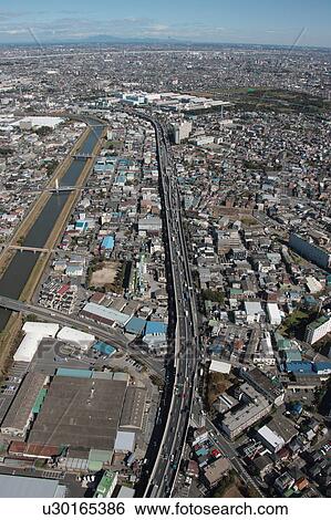 Stock Photograph - Aerial view of Adachi ward, Tokyo Prefecture, Honshu, Japan. Fotosearch