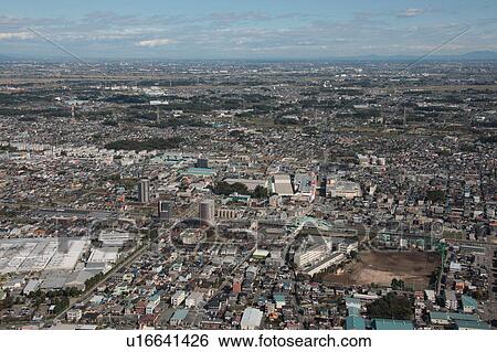 Stock Photograph - Aerial view of Ageo City, Saitama Prefecture, Honshu, Japan. Fotosearch
