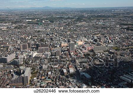 Stock Photograph - Aerial view of Ageo City, Saitama Prefecture, Honshu, Japan. Fotosearch