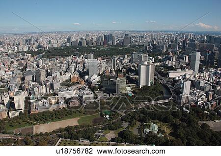 Stock Image - Aerial view of Akasaka, Shinjuku ward, Tokyo Prefecture, Honshu, Japan. Fotosearch