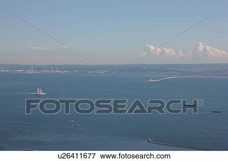 Stock Photo - Aerial view of Aqua line, Tokyo bay, Kisarazu City, Chiba Prefecture, Honshu, Japan. Fotosearch
