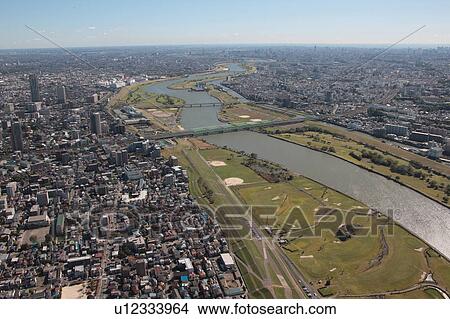 Picture - Aerial view of Arakawa river, Kawaguchi City, Saitama Prefecture, Honshu, Japan. Fotosearch