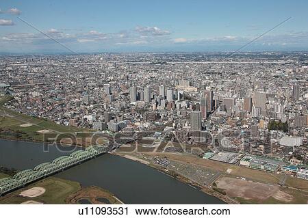 Stock Image - Aerial view of Arakawa river, Kawaguchi City, Saitama Prefecture, Honshu, Japan. Fotosearch