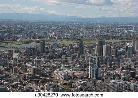 Stock Image - Aerial view of Arakawa river, Kawaguchi City, Saitama Prefecture, Honshu, Japan. Fotosearch