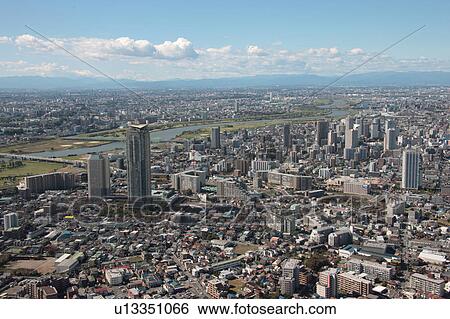 Stock Photograph - Aerial view of Arakawa river, Kawaguchi City, Saitama Prefecture, Honshu, Japan. Fotosearch