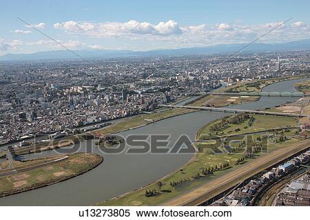 Aerial view of Arakawa river, Kita Ward, Tokyo Prefecture, Honshu, Japan View Large Photo Image Stock Photography - Aerial view of Arakawa river, Kita Ward, Tokyo Prefecture, Honshu, Japan. Fotosearch