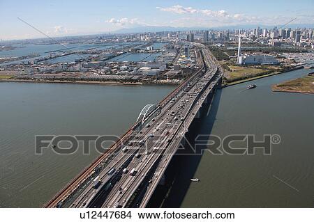 Picture - Aerial view of bridge over Tokyo bay, Edogawa ward, Tokyo Prefecture, Honshu, Japan. Fotosearch