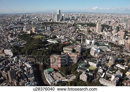 Stock Image - Aerial view of Bunkyo ward, Tokyo Prefecture, Honshu, Japan. Fotosearch