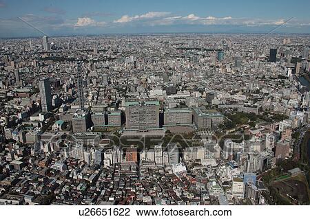 Stock Image - Aerial view of Defense Ministry, Shinjuku ward, Tokyo Prefecture, Honshu, Japan. Fotosearch