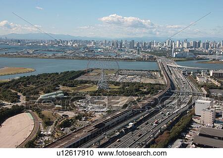 Stock Image - Aerial view of Edogawa ward, Tokyo Prefecture, Honshu, Japan. Fotosearch