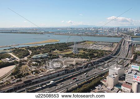 Stock Image - Aerial view of Edogawa ward, Tokyo Prefecture, Honshu, Japan. Fotosearch