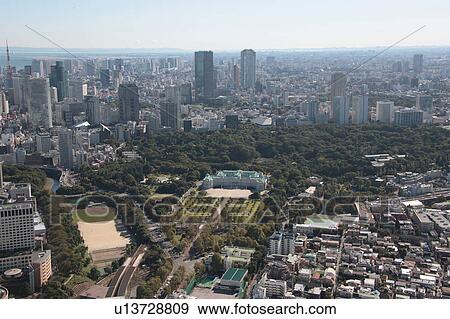 Stock Photo - Aerial view of Geihinkan (State Guesthouse), Shinjuku ward, Tokyo Prefecture, Honshu, Japan. Fotosearch