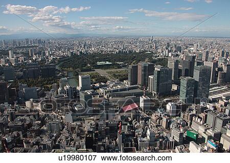 Stock Photo - Aerial view of Ginza, Chuo ward, Tokyo Prefecture, Honshu, Japan. Fotosearch