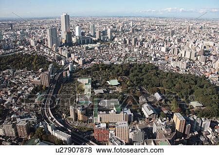 Stock Photo - Aerial view of Gokoku-ji temple, Bunkyo ward, Tokyo Prefecture, Honshu, Japan. Fotosearch