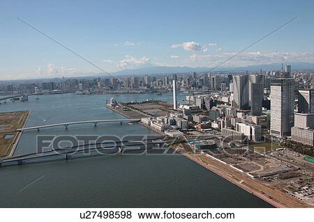Stock Photo - Aerial view of Harumi canal, Chuo ward, Tokyo Prefecture, Honshu, Japan. Fotosearch