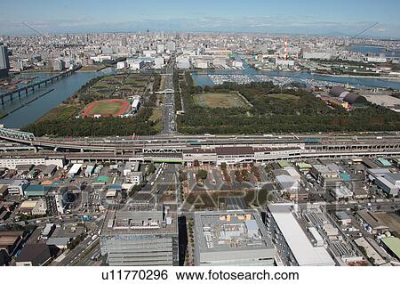 Stock Photograph - Aerial view of highway by Tokyo bay, Koto ward, Tokyo Prefecture, Honshu, Japan. Fotosearch