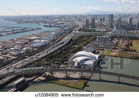 Stock Photography - Aerial view of highway by Tokyo bay, Koto ward, Tokyo Prefecture, Honshu, Japan. Fotosearch