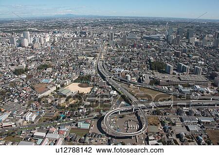 Stock Image - Aerial view of highway, Saitama Prefecture, Honshu, Japan. Fotosearch