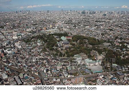 Stock Image - Aerial view of Ikegami Honmonji temple, Ohta ward, Tokyo Prefecture, Honshu, Japan. Fotosearch
