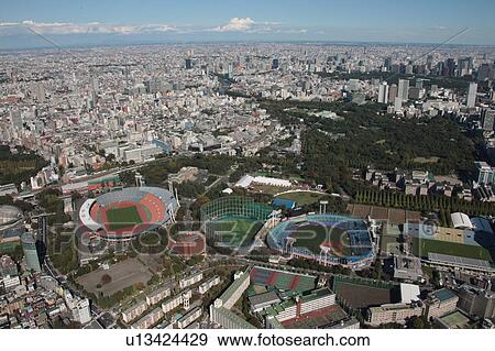 Stock Photo - Aerial View of Jingu &Kokuritsu stadium, Shinjuku ward, Tokyo Prefecture, Honshu, Japan. Fotosearch