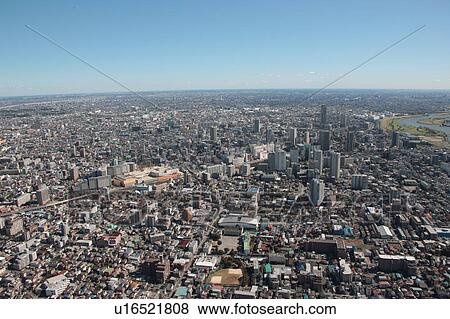 Stock Photo - Aerial view of Kawaguchi City, Saitama Prefecture, Honshu, Japan. Fotosearch