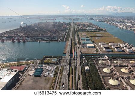 Stock Photography - Aerial view of Keihin Port, Kawasaki ward, Kawasaki City, Kanagawa Prefecture, Honshu, Japan. Fotosearch
