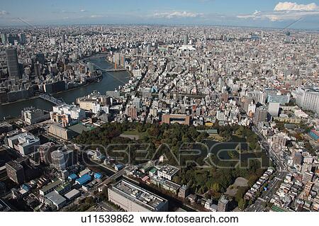 Stock Image - Aerial view of Kiyosumi garden, Koto Ward, Tokyo Prefecture, Honshu, Japan. Fotosearch