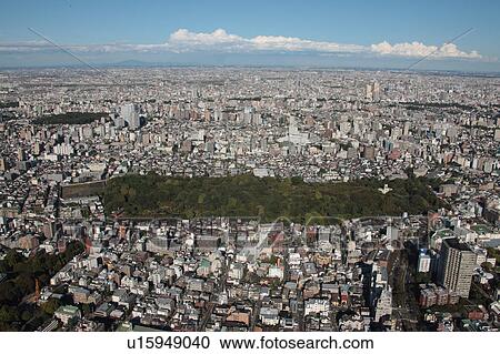 Stock Image - Aerial view of Koishikawa botanical garden, Bunkyo ward, Tokyo Prefecture, Honshu, Japan. Fotosearch