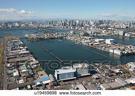 Stock Photo - Aerial view of log boom at Tokyo bay, Koto ward, Tokyo Prefecture, Honshu, Japan. Fotosearch