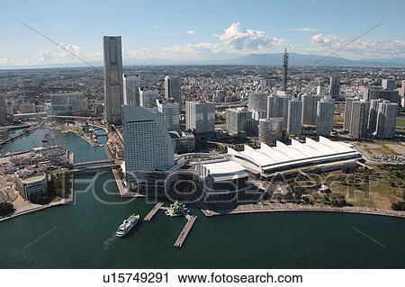 Stock Image - Aerial view of Minatomirai, Yokohama City, Kanagawa Prefecture, Honshu, Japan. Fotosearch
