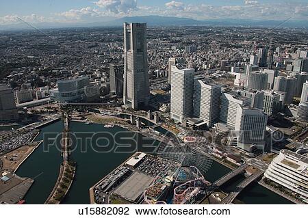 Stock Image - Aerial view of Minatomirai, Yokohama City, Kanagawa Prefecture, Honshu, Japan. Fotosearch